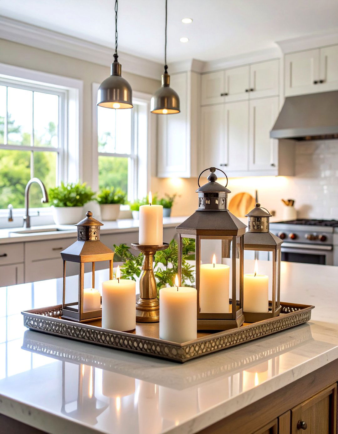 Elegant Candle Grouping with Lanterns - 24 Kitchen Island Centerpiece Ideas