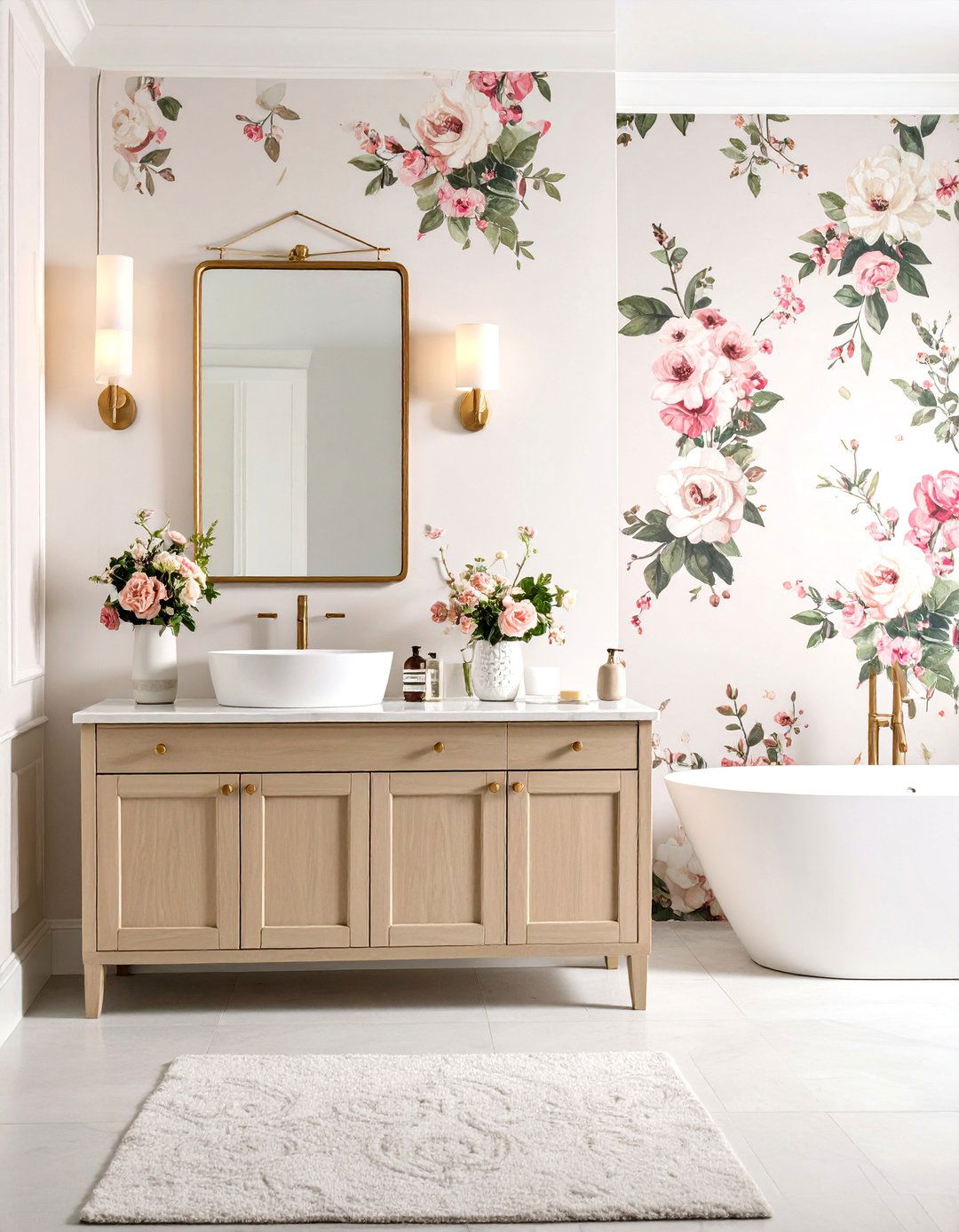 Elegant Floral Wallpaper Bathroom Accent Wall - 24 Bathroom Accent Wall Ideas