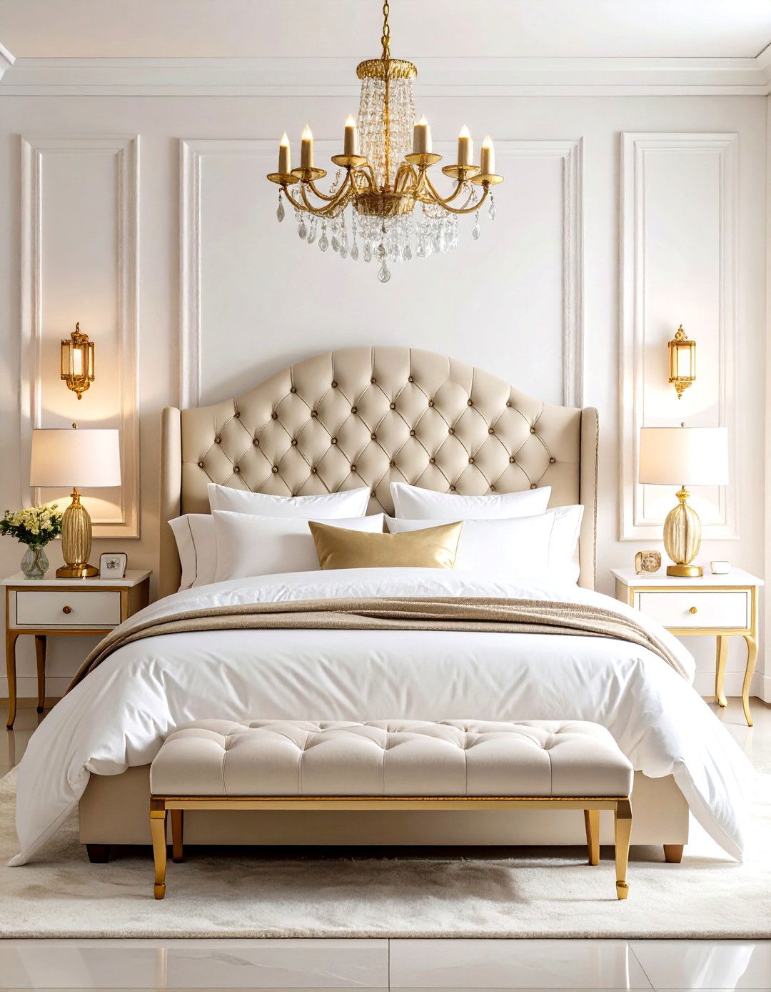 Elegant Tufted Headboard with Metallic Accents - 24 White and Cream Bedroom Ideas