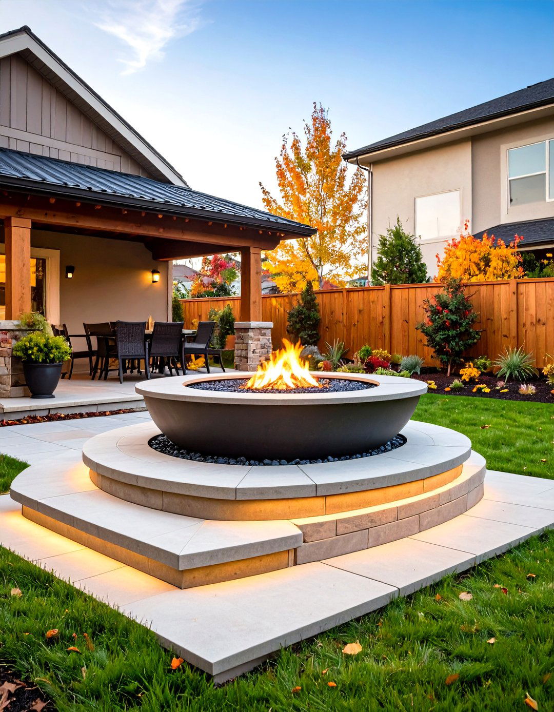 Elevated Stamped Concrete Fire Pit with Steps - 24 stamped concrete patio with fire pit ideas