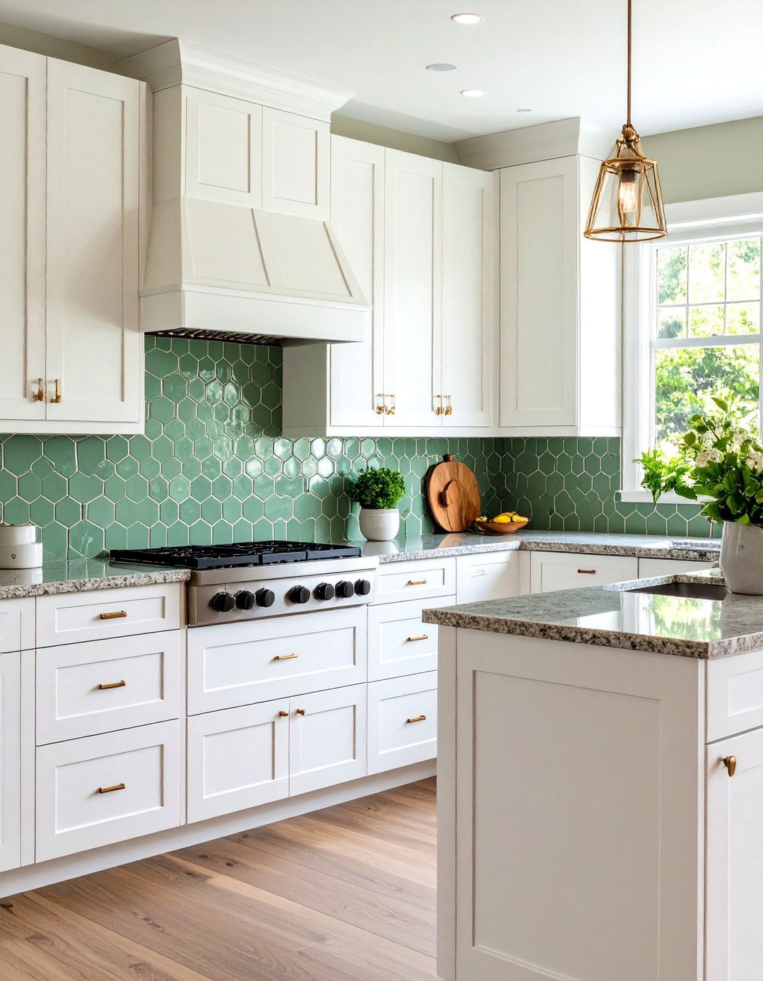 Elongated Hexagon Tile Backsplash in Sage Green - 24 Backsplash Ideas for White Cabinets and Granite Countertops