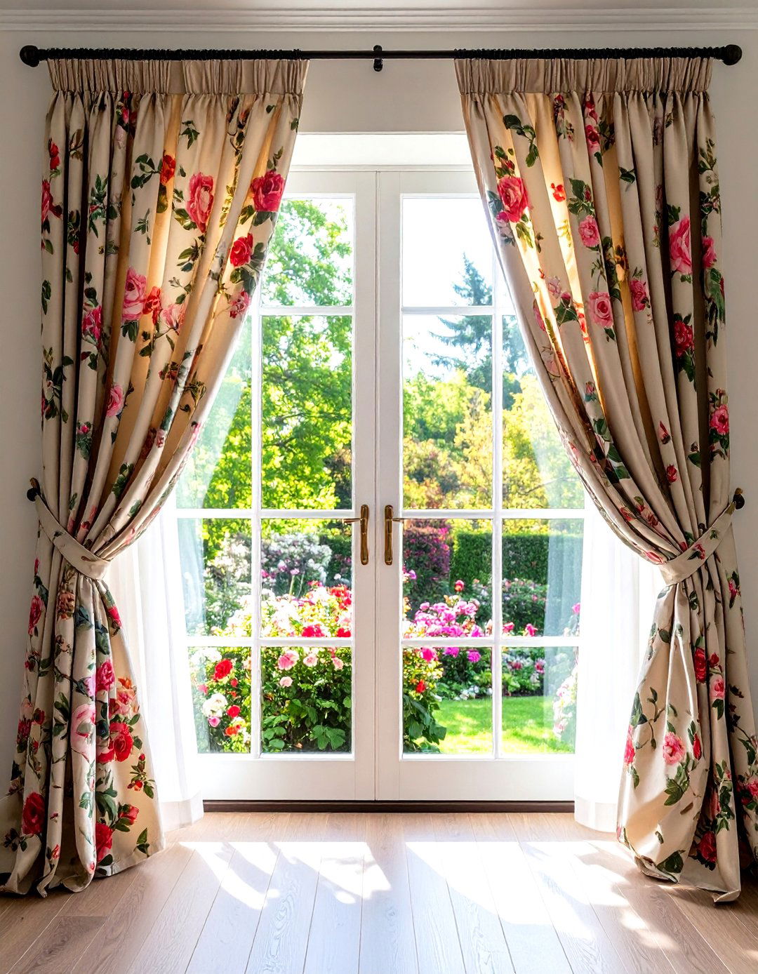 Embroidered French Door Curtains with Floral Motifs - 24 French Door Curtain Ideas