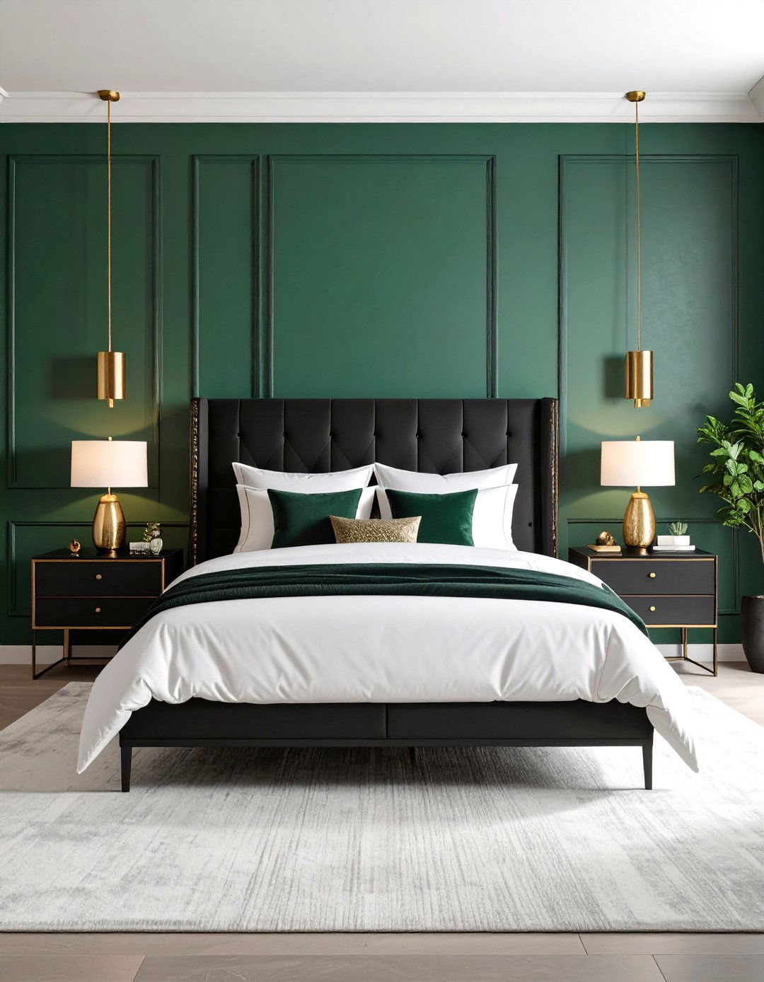 Emerald Accent Wall with Black Furniture - 24 Black and Green Bedroom Design Ideas