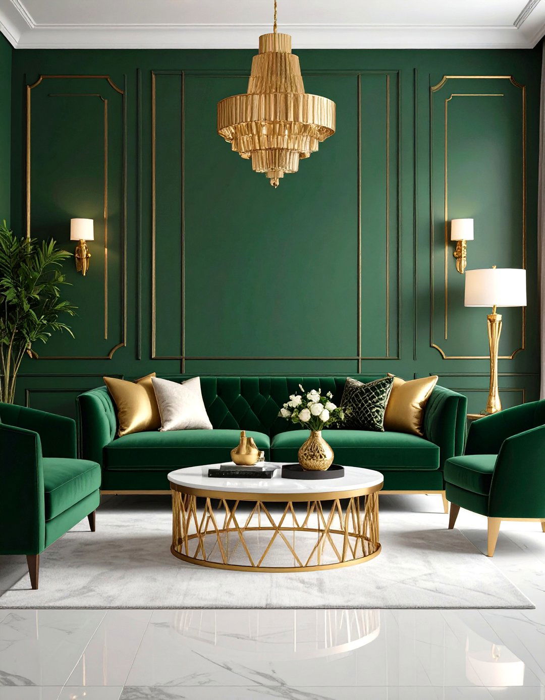 Emerald Art Deco with Gold Geometric Accents - 24 Green and Gold Living Room Ideas