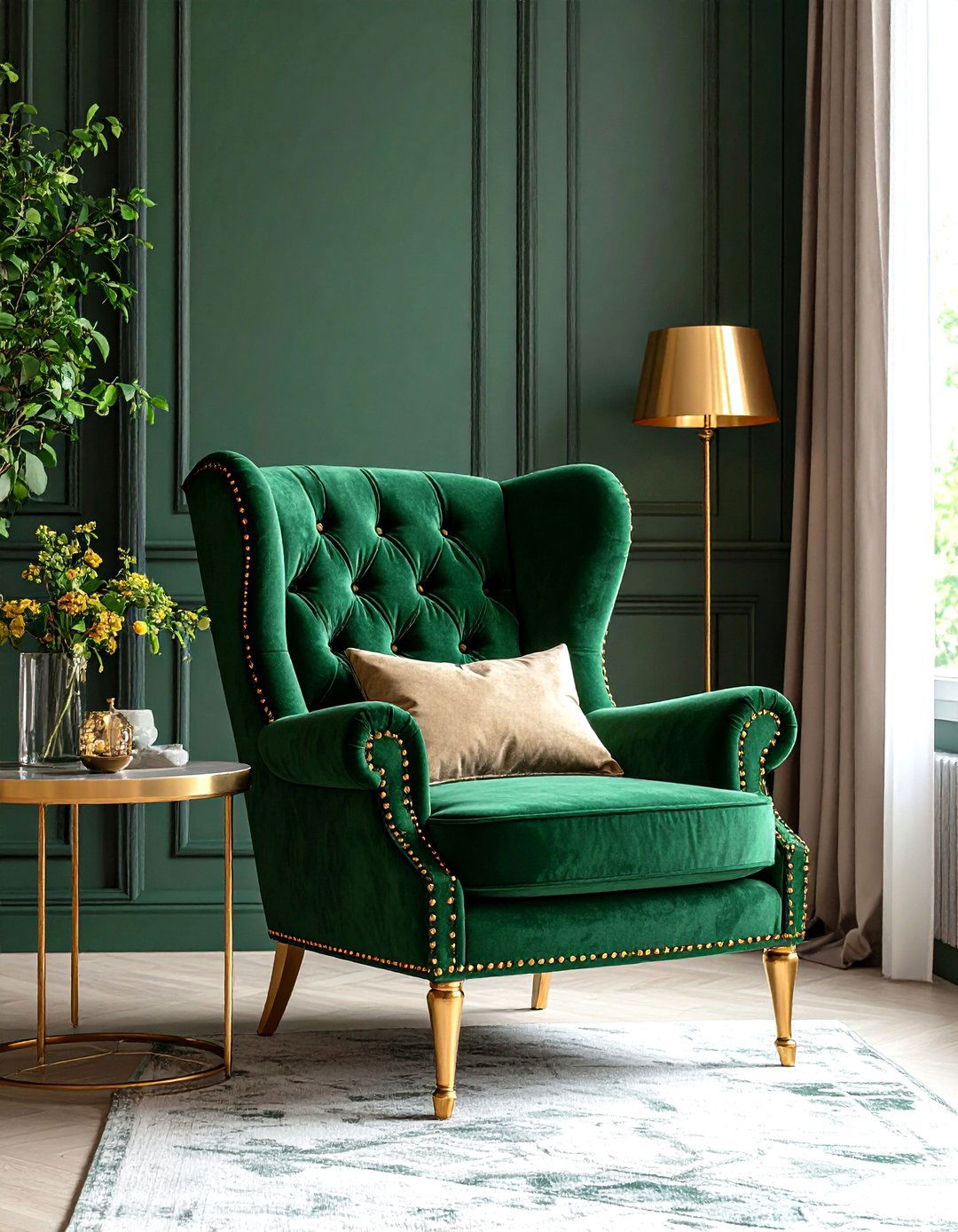 Emerald Green Accent Chair with Gold Nail Heads - 24 Emerald Green and Gold Living Room Ideas