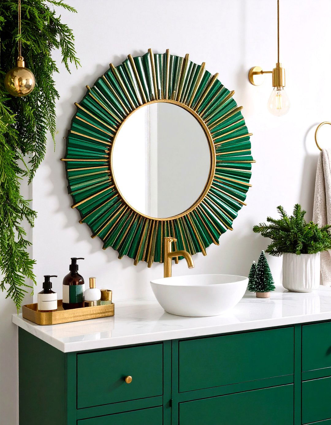 Emerald Green Accent Mirror with Gold Sunburst Frame - 24 Green and Gold Bathroom Ideas