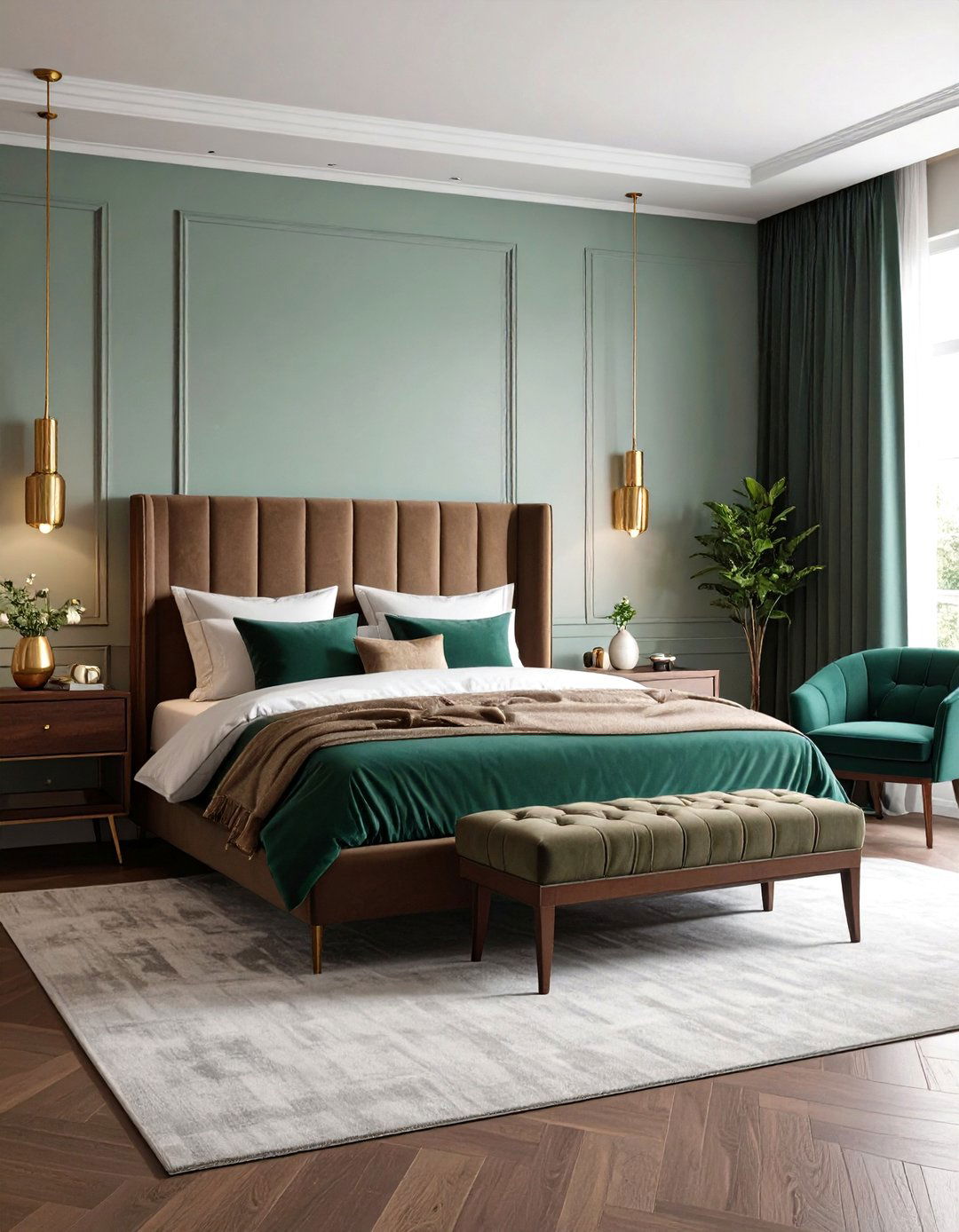 Emerald Green Accent Pieces with Walnut Brown Furniture - 24 Green and Brown Bedroom Ideas