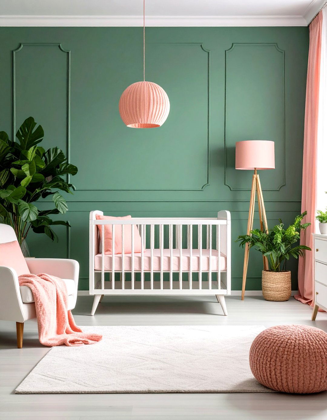 Emerald Green Accent Wall with Coral Pink Details - 24 Pink and Green Nursery Ideas