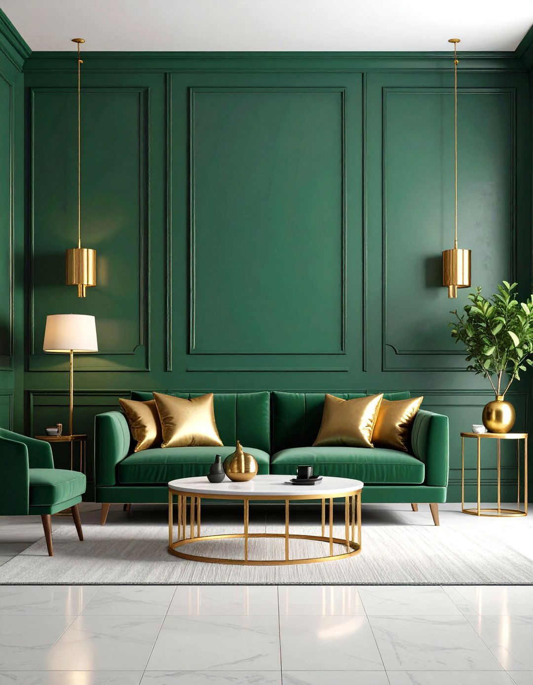 Emerald Green Accent Wall with Gold Lighting - 24 Emerald Green and Gold Living Room Ideas