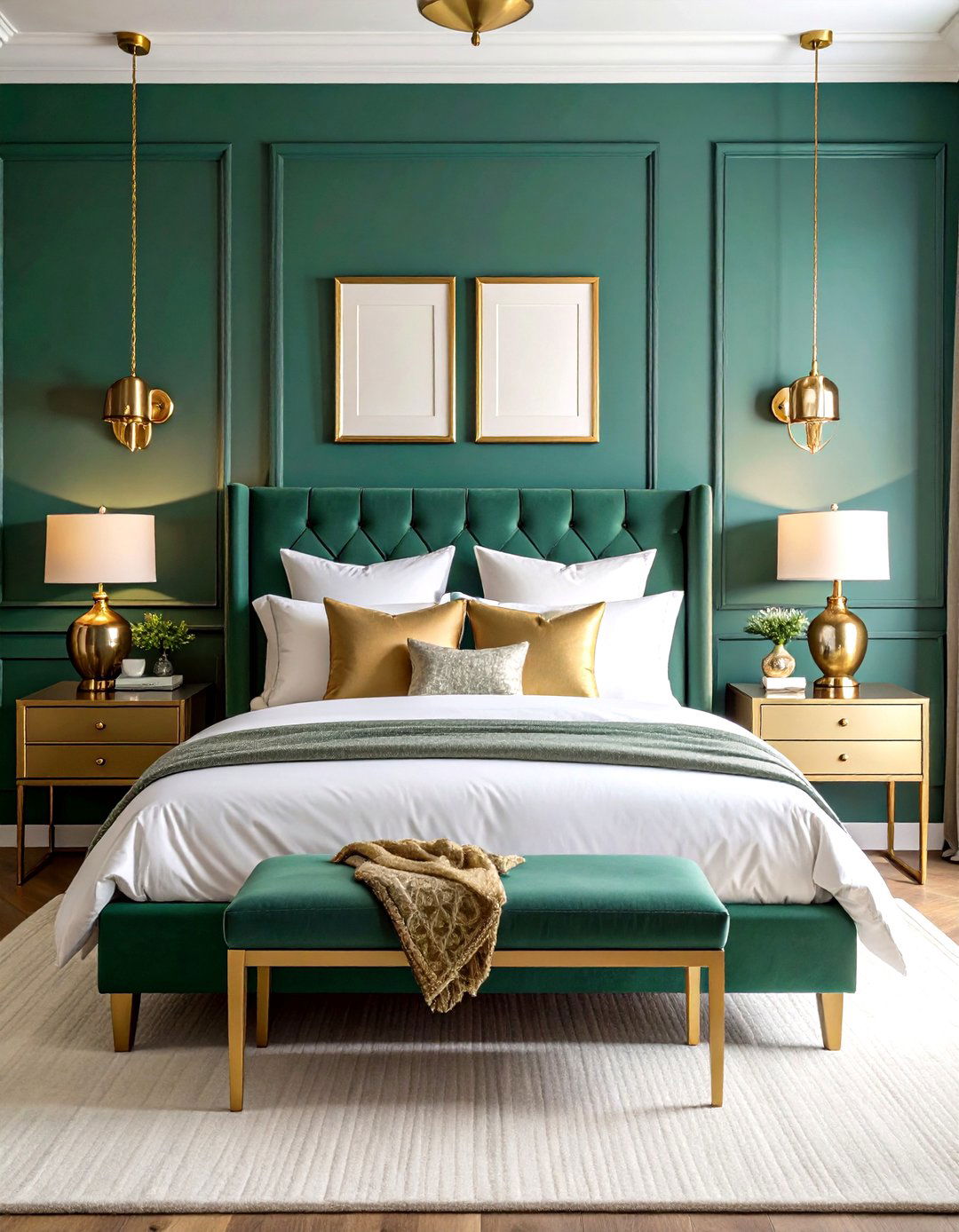 Emerald Green Accent Walls with Gold Hardware - 24 Emerald Green and Gold Bedroom Ideas