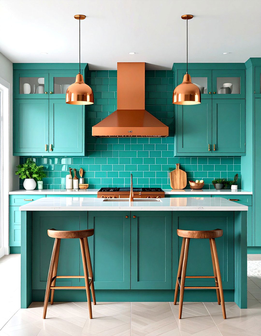 Emerald Green Backsplash with Copper Range Hood - 24 Green and Copper Kitchen Ideas