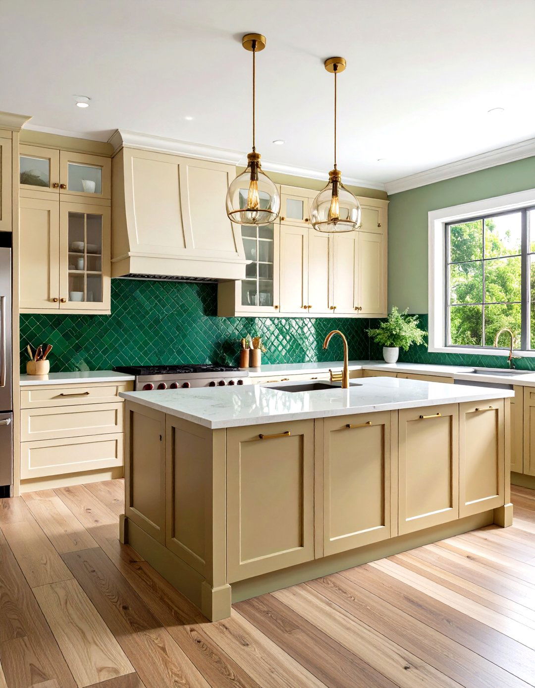 Emerald Green Backsplash with Cream Yellow Cabinets - 24 Green and Yellow Kitchen Ideas