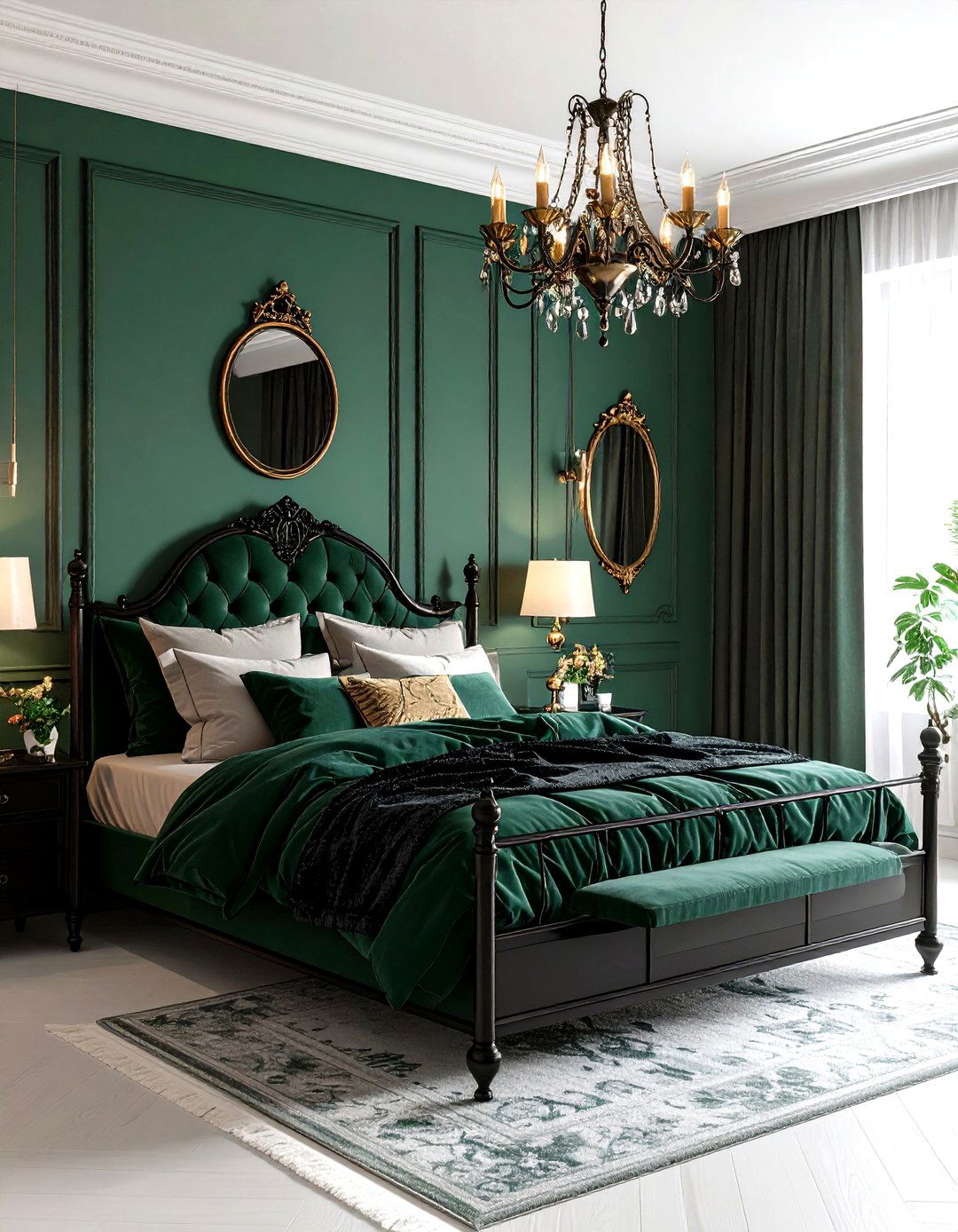 Emerald Green Bedroom with Black Accents and Gothic Elements - 24 Dark Green Bedroom Ideas