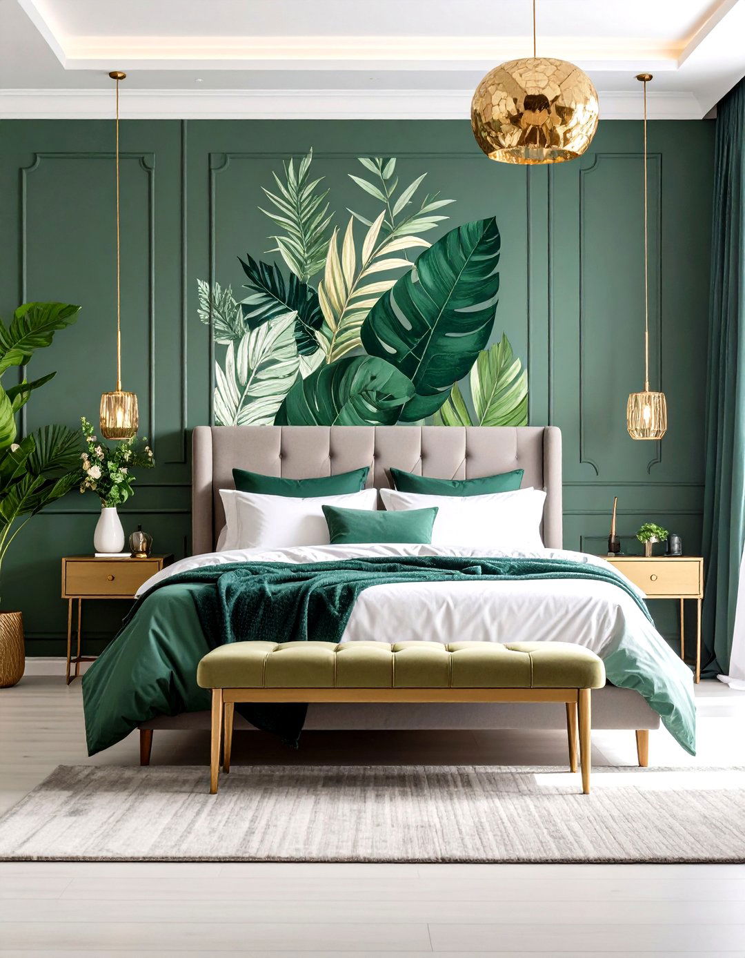 Emerald Green Botanical Wallpaper with Gold Accents - 24 Emerald Green and Gold Bedroom Ideas