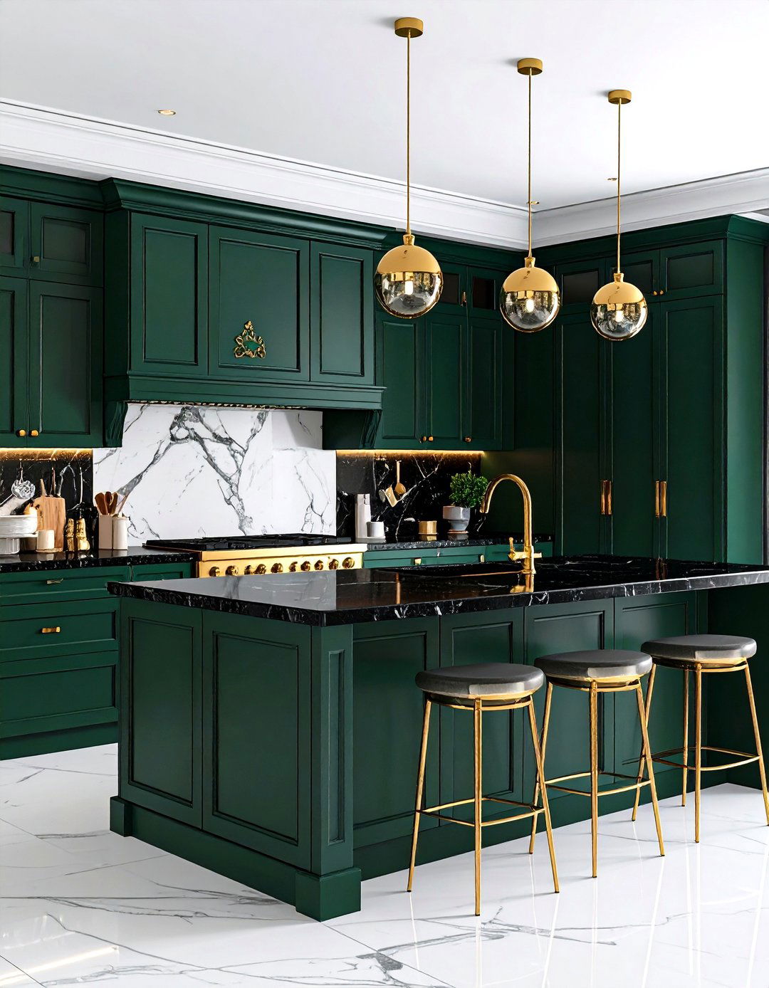 Emerald Green Cabinets with Black Granite and Gold Accents - 24 Green Kitchen Cabinets With Black Countertops