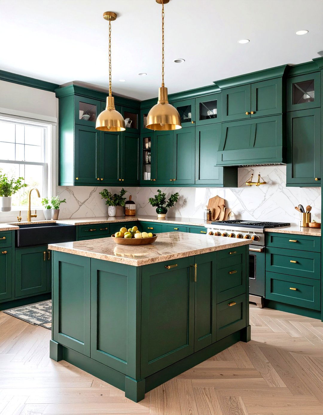 Emerald Green Cabinets with Light Brown Quartz Countertops - 24 Green and Brown Kitchen Ideas