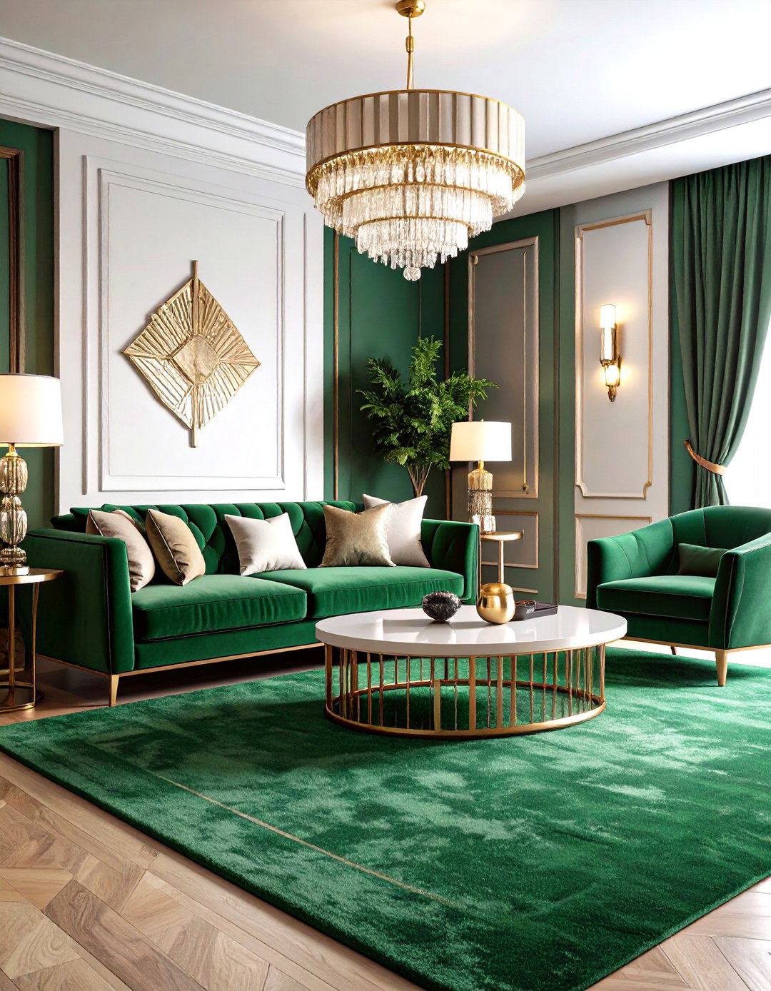 Emerald Green Carpet Living Room with Art Deco Glamour - 24 Green Carpet Living Room Ideas