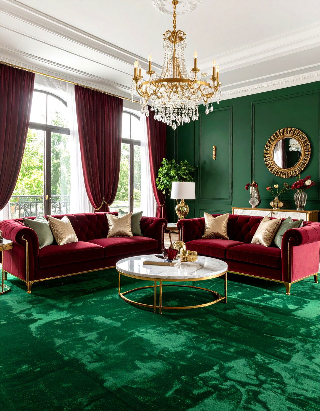 Emerald Green Carpet Living Room with Brass Fixtures - 24 Green Carpet Living Room Ideas