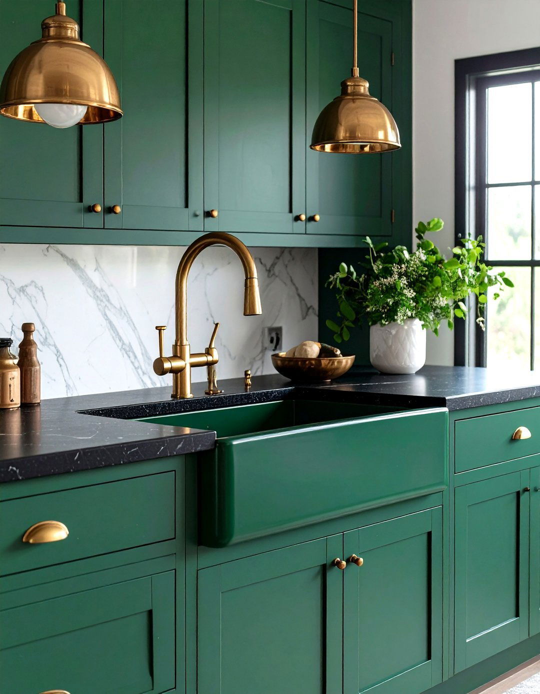 Emerald Green Farmhouse Sink Base with Black Countertops - 24 Black and Green Kitchen Ideas