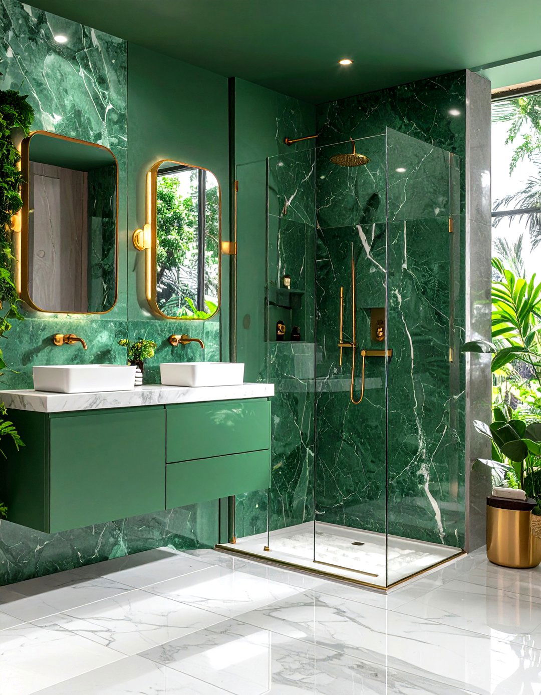 Emerald Green Feature Niche with Grey Marble Shower - 24 Green and Grey Bathroom Ideas