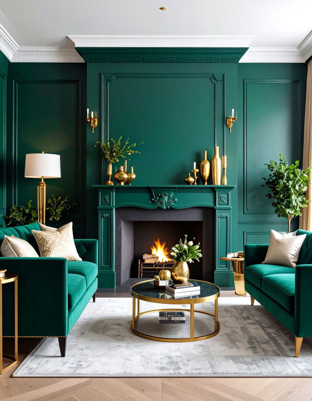 Emerald Green Fireplace Surround with Gold Accessories - 24 Emerald Green and Gold Living Room Ideas