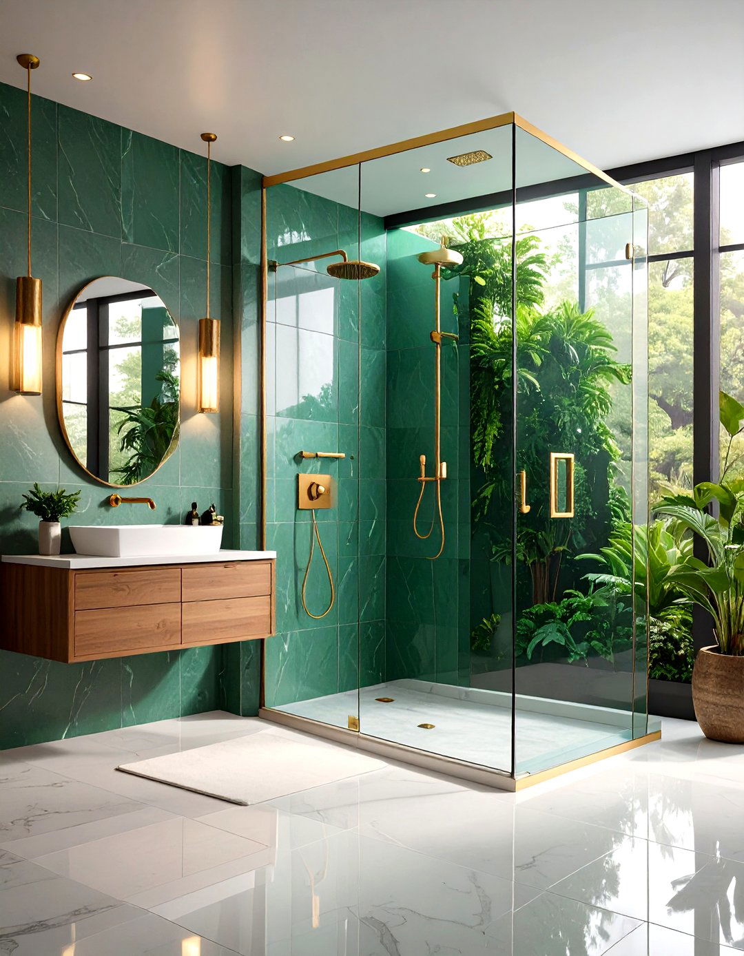 Emerald Green Glass Shower Panels with Gold Hardware - 24 Green and Gold Bathroom Ideas
