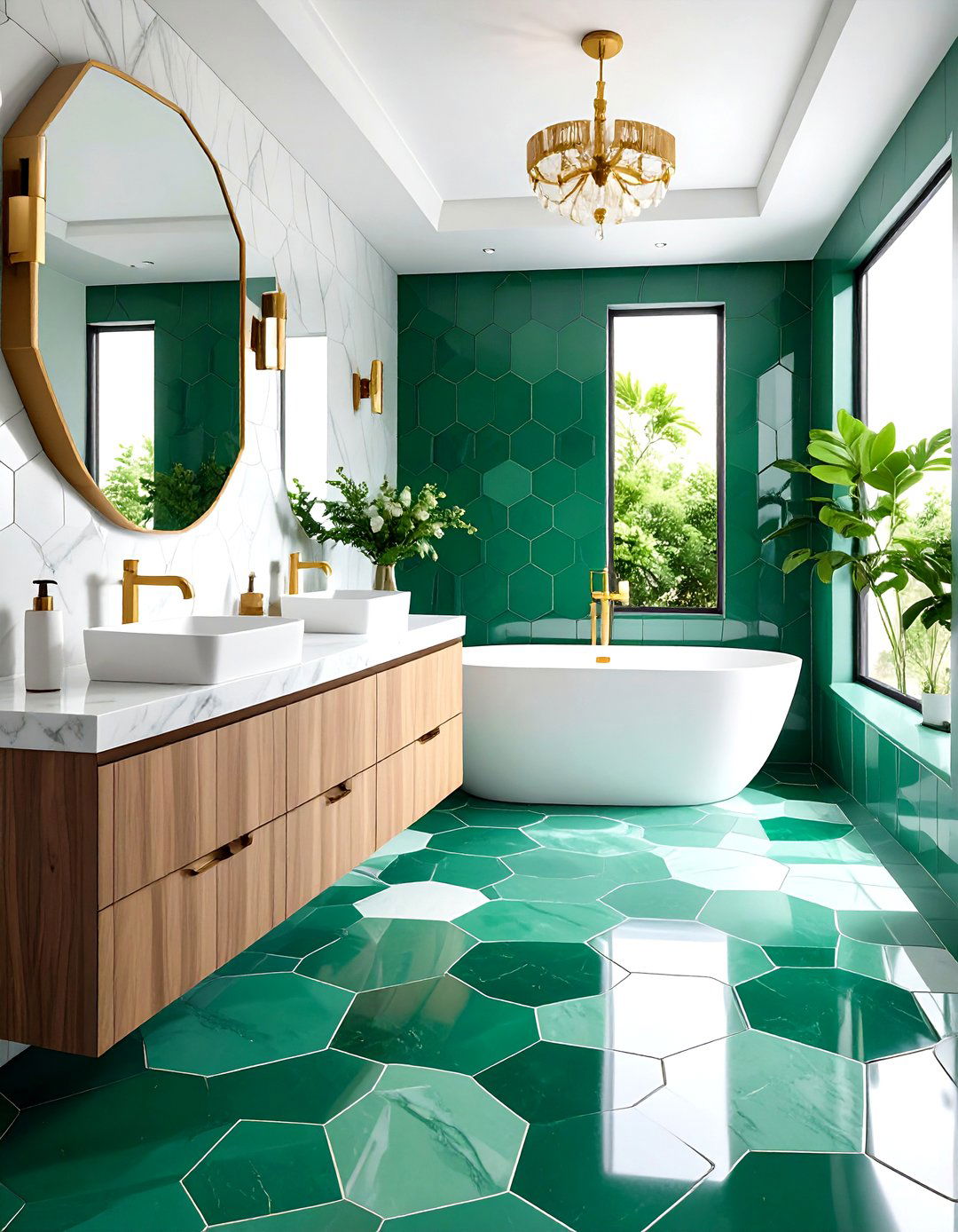Emerald Green Hexagon Bathroom Floor Tiles - 24 Green Bathroom Tile Ideas