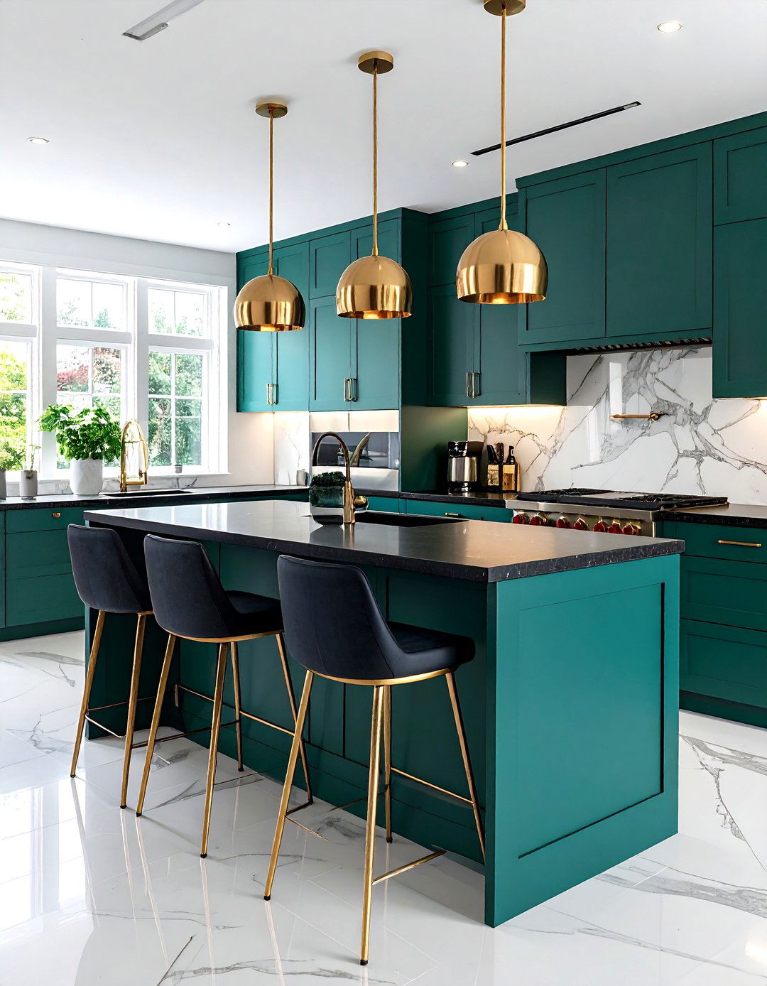 Emerald Green Island with Black Quartz Perimeter Countertops - 24 Green Kitchen Cabinets With Black Countertops