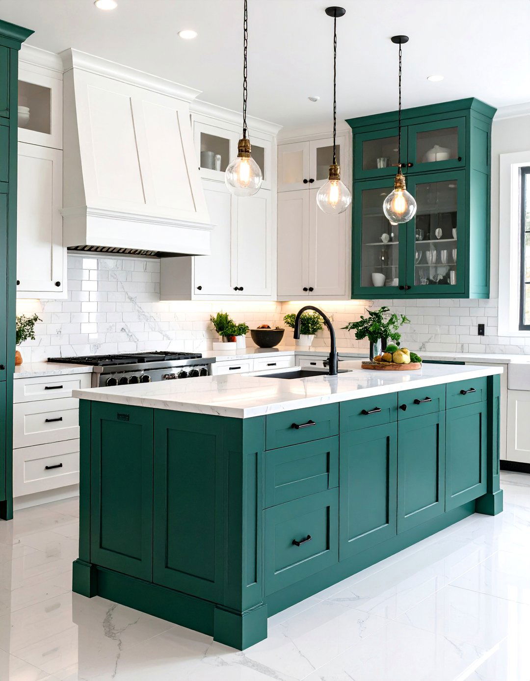 Emerald Green Lower Cabinets with Black Hardware Accents - 24 Black and Green Kitchen Ideas