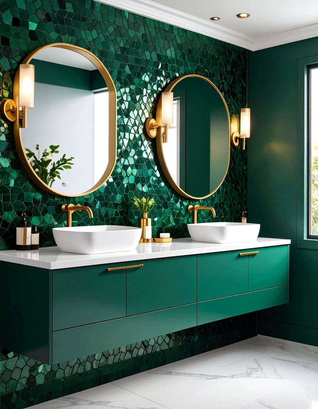 Emerald Green Mosaic Backsplash with Gold Vanity Faucet - 24 Green and Gold Bathroom Ideas