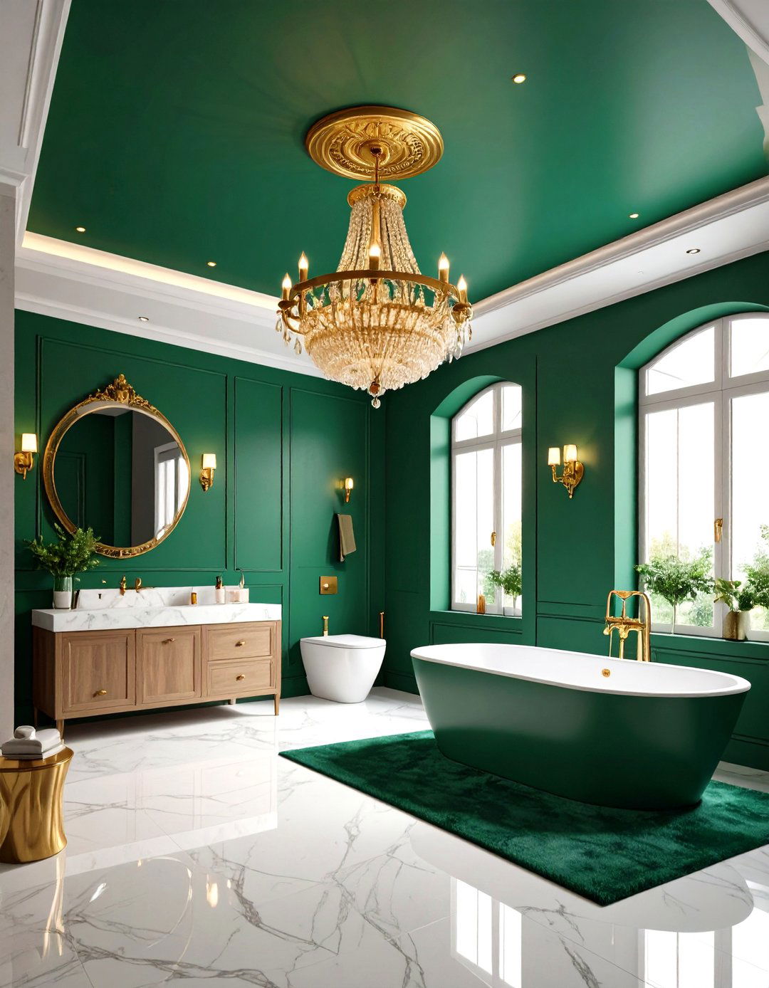 Emerald Green Painted Ceiling with Gold Chandelier - 24 Green and Gold Bathroom Ideas