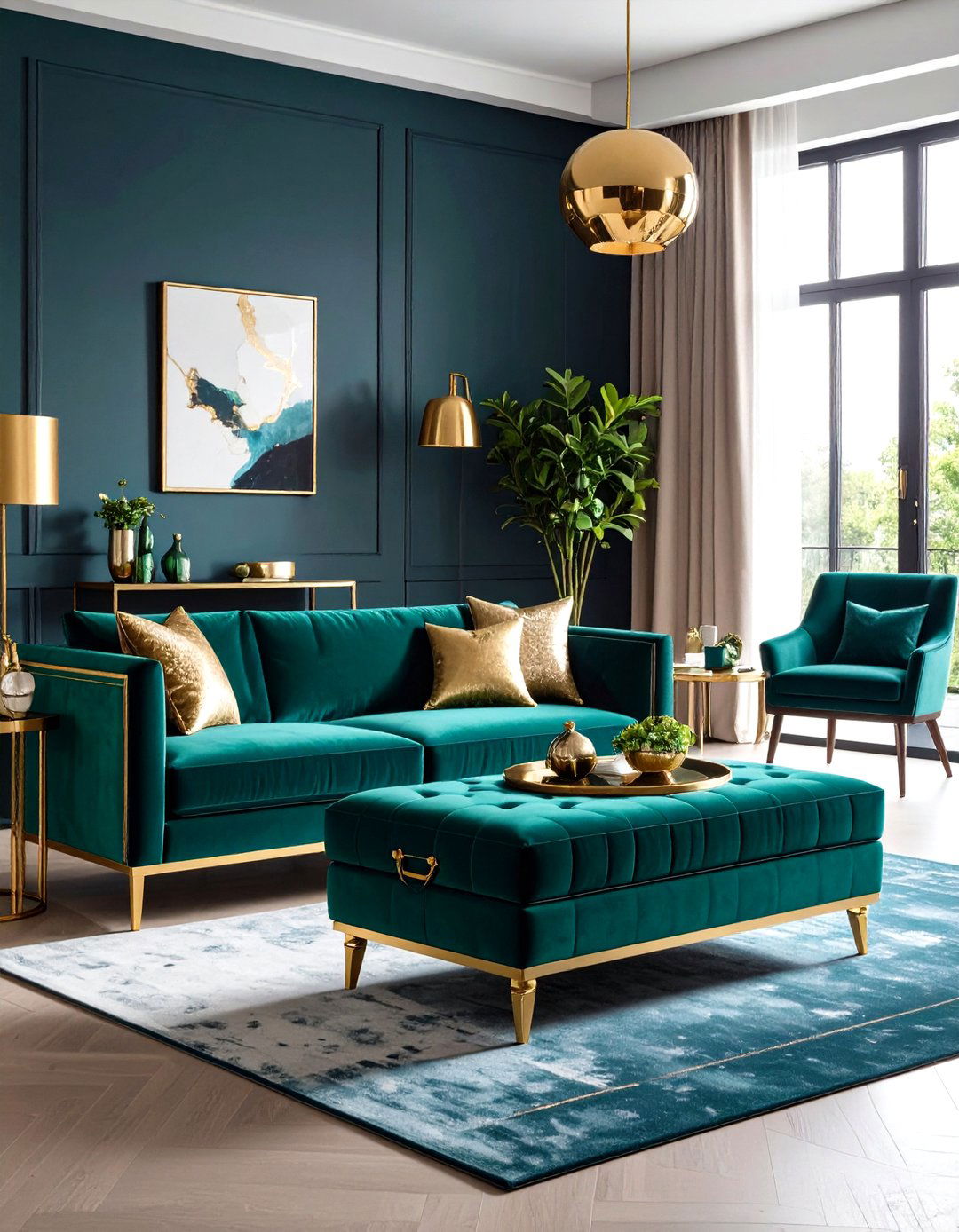 Emerald Green Storage Ottoman with Gold Hardware - 24 Emerald Green and Gold Living Room Ideas