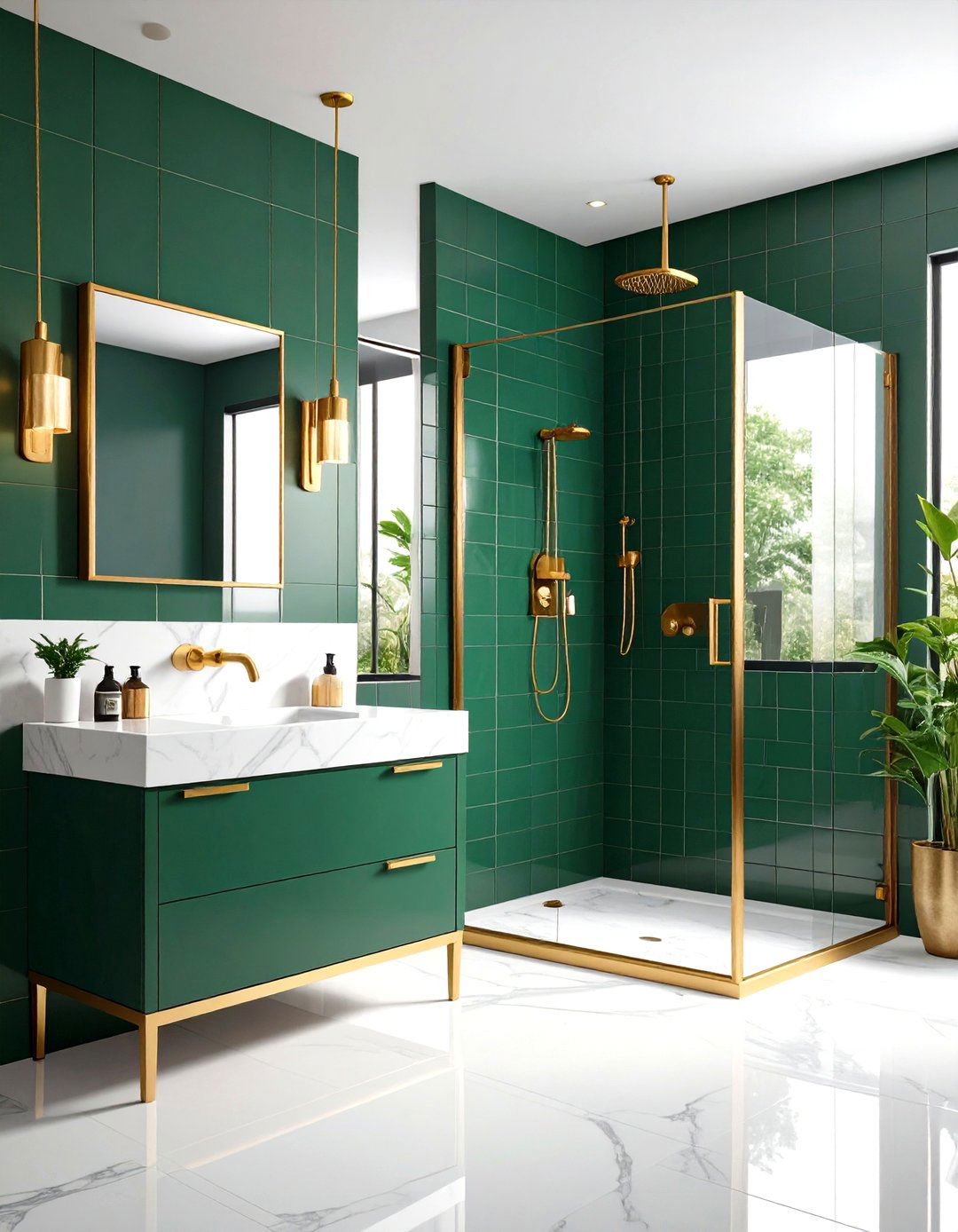 Emerald Green Subway Tiles with Gold Grout Accents - 24 Green and Gold Bathroom Ideas