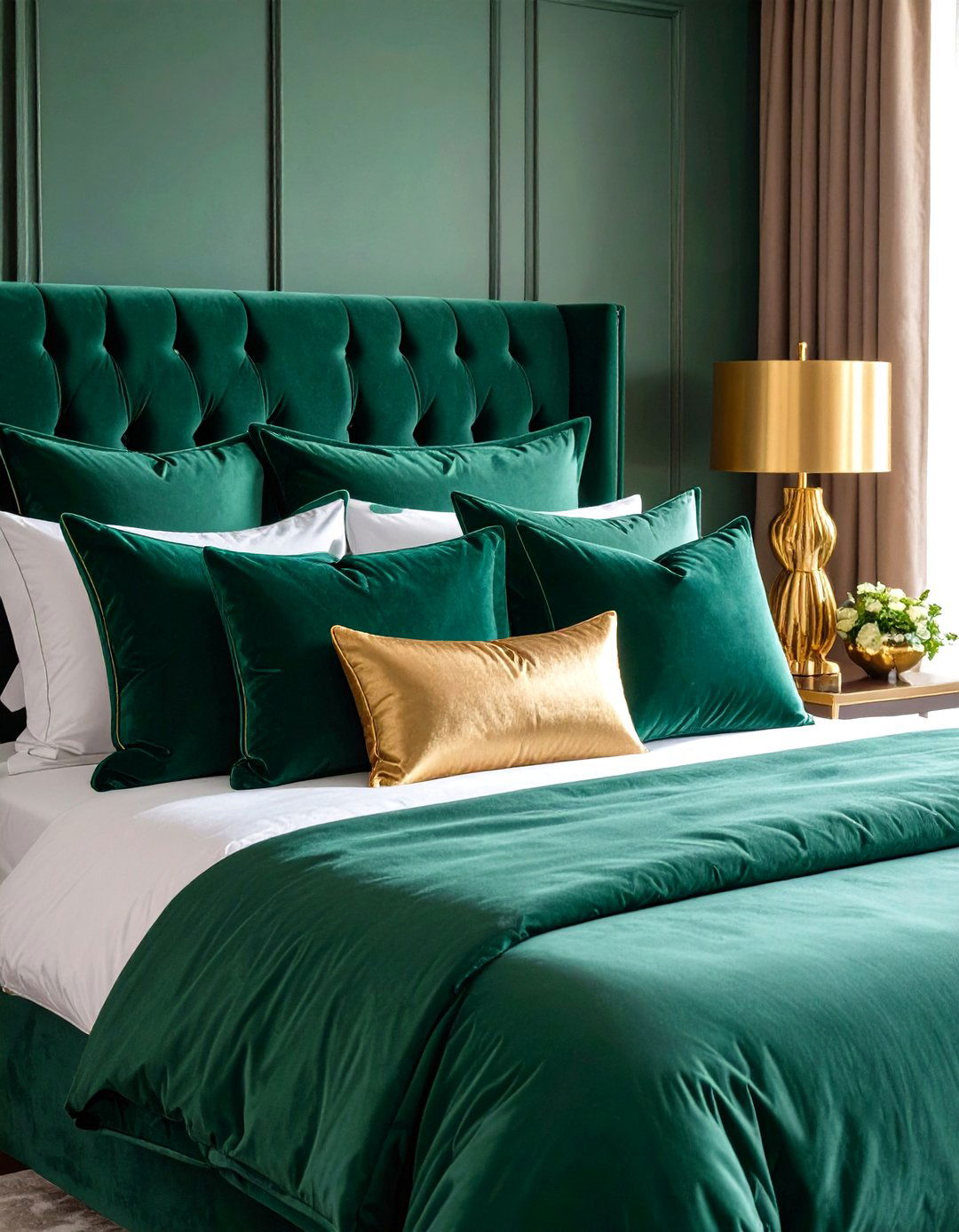 Emerald Green Throw Pillows and Gold Lamp Combinations - 24 Emerald Green and Gold Bedroom Ideas