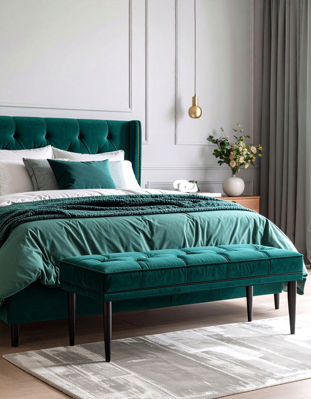 Emerald Green Upholstered Bench with Black Legs - 24 Black and Green Bedroom Design Ideas
