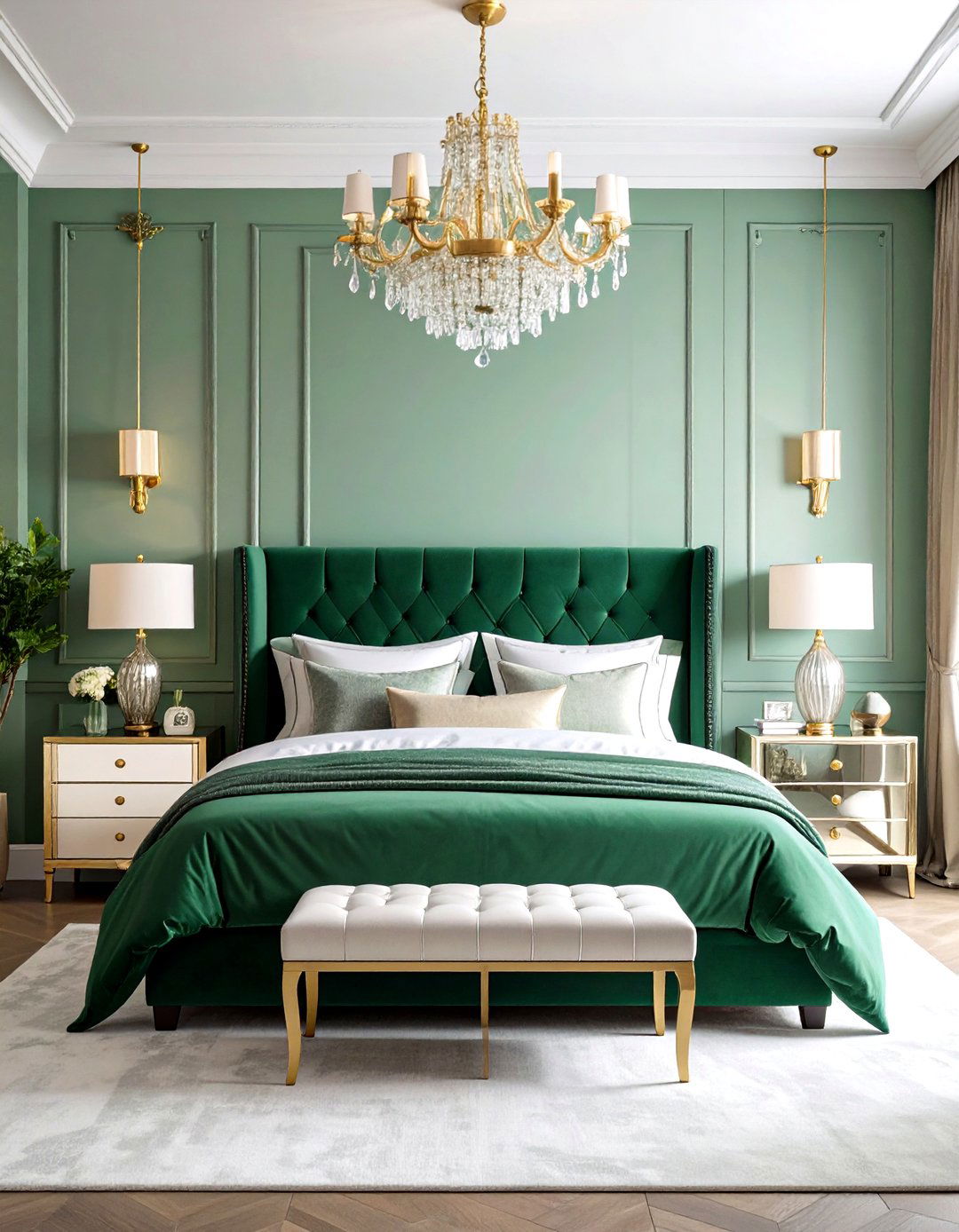 Emerald Green Velvet Bedroom with Art Deco Glamour - 24 Dark Green Bedroom Ideas
