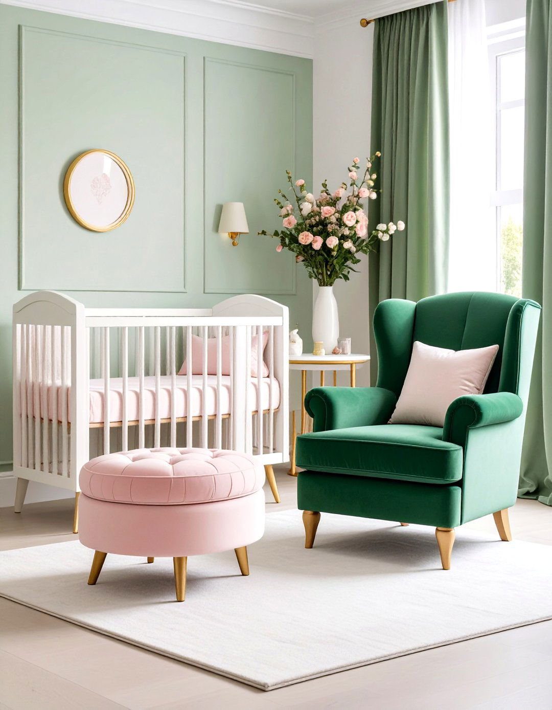 Emerald Green Velvet Chair with Pink Ottoman - 24 Pink and Green Nursery Ideas