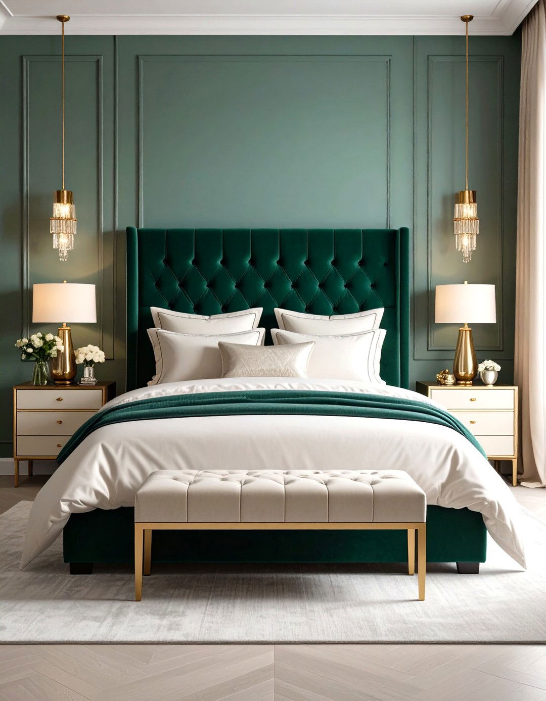 Emerald Green Velvet Headboard Design - 24 Emerald Green Bedroom Ideas