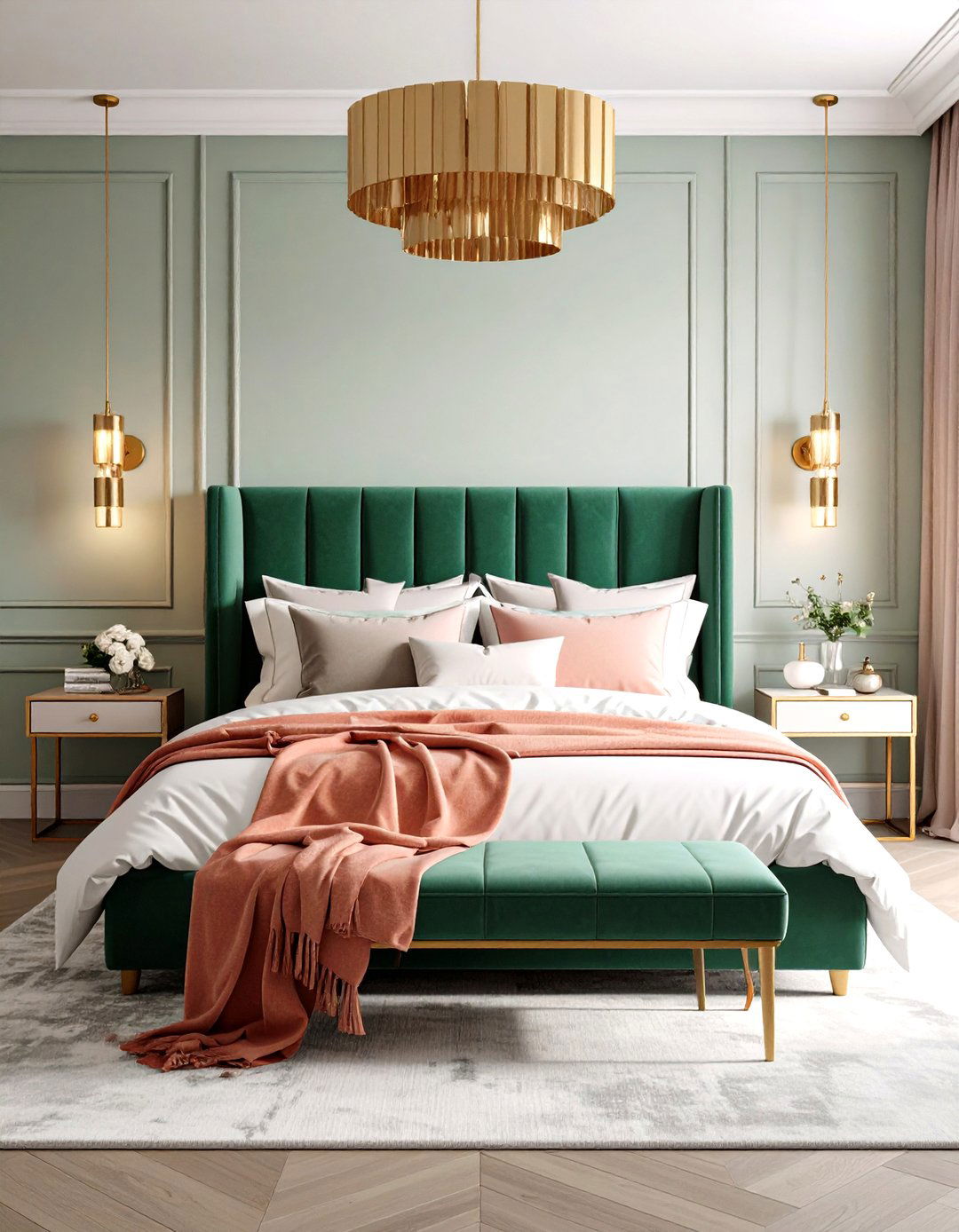 Emerald Green Velvet Headboard with Pink Accents - 24 Pink and Green Bedroom Ideas