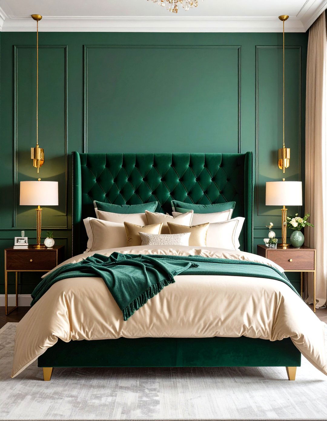 Emerald Green Velvet Headboard - 24 Green and Beige Bedroom Ideas