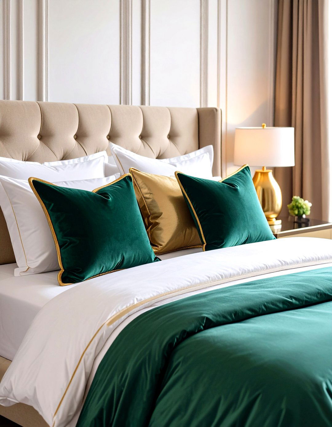 Emerald Green and Gold Accents - 24 Green and Beige Bedroom Ideas