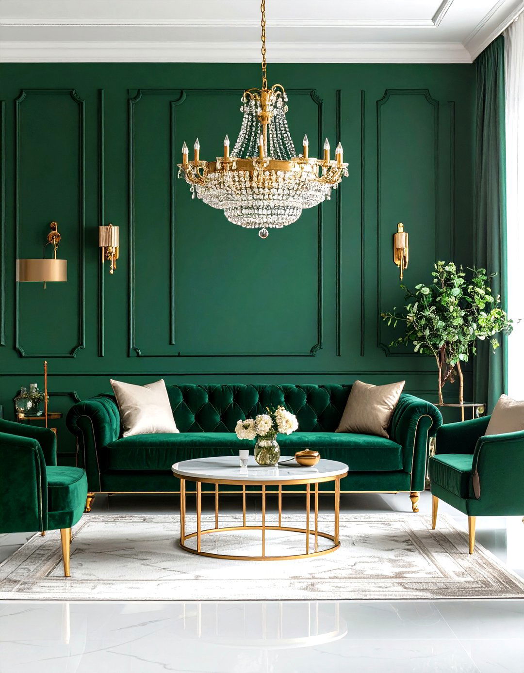 Emerald Green with Crystal Gold Chandelier - 24 Green and Gold Living Room Ideas