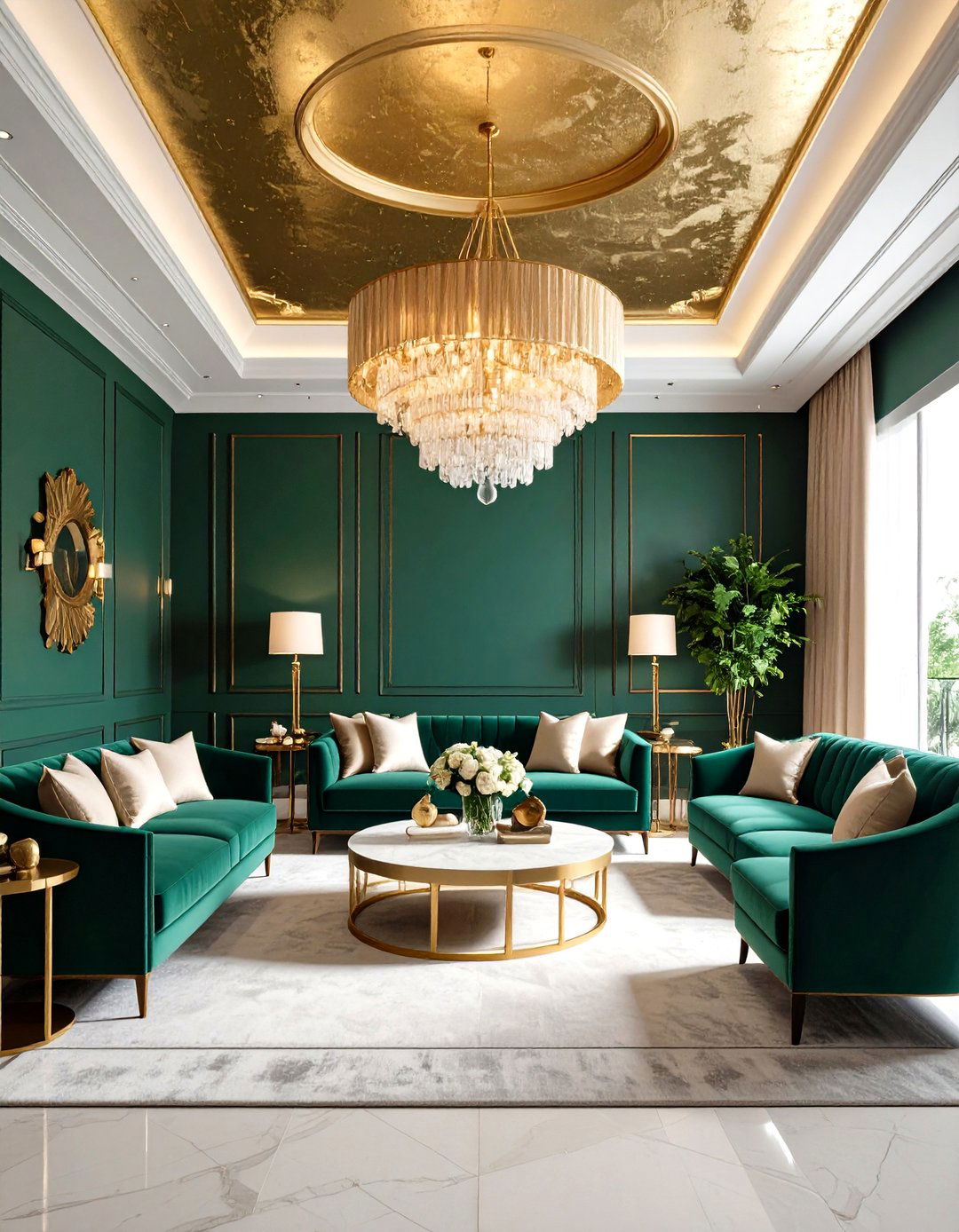 Emerald Green with Gold Metallic Ceiling - 24 Green and Gold Living Room Ideas