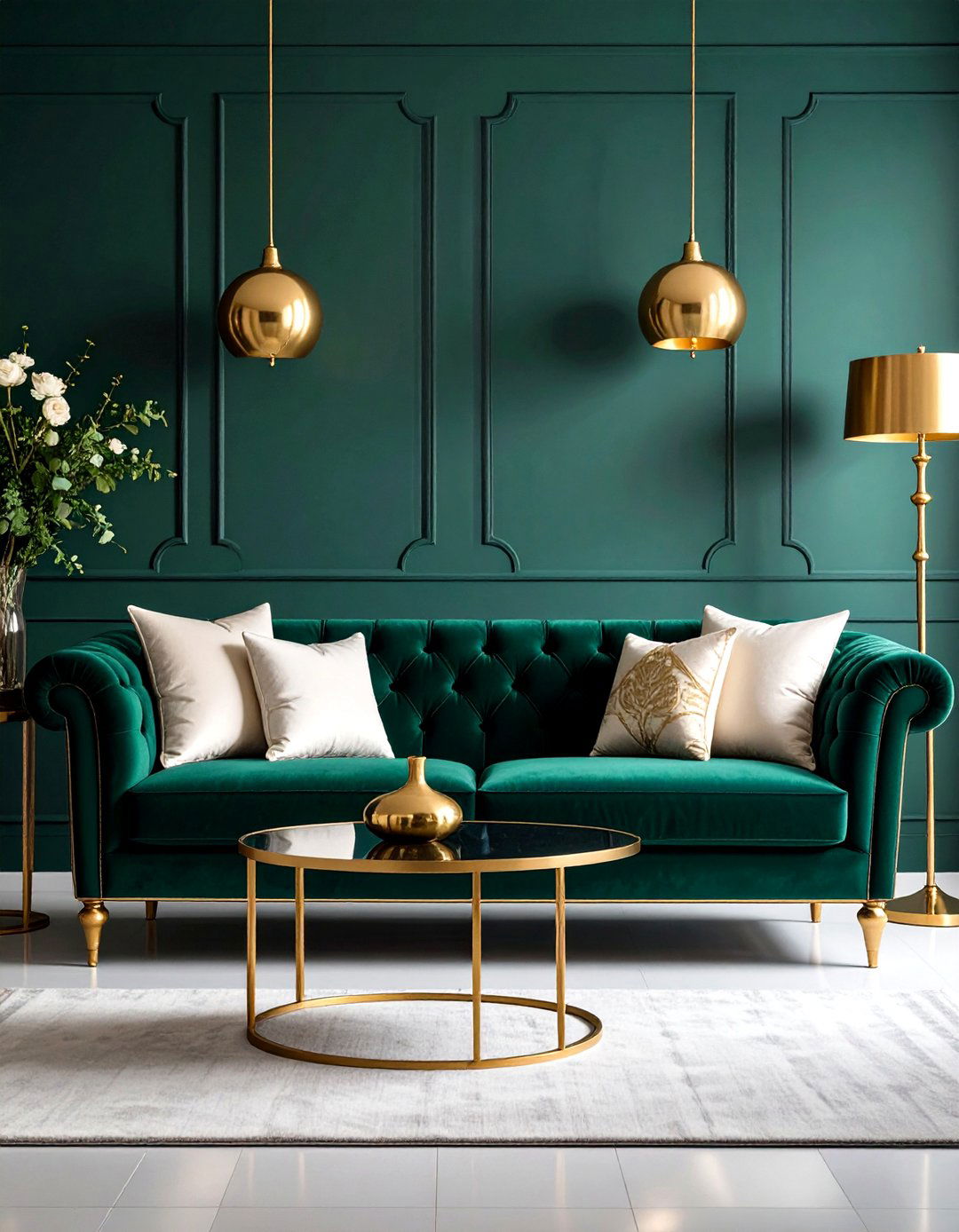 Emerald Velvet Sofa with Gold Legs - 24 Green and Gold Living Room Ideas