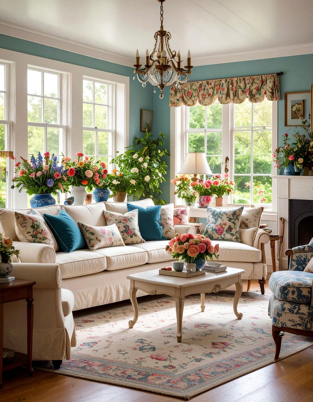 English Cottage Cream Couch with Floral Patterns - 24 Cream Couch Living Room Ideas