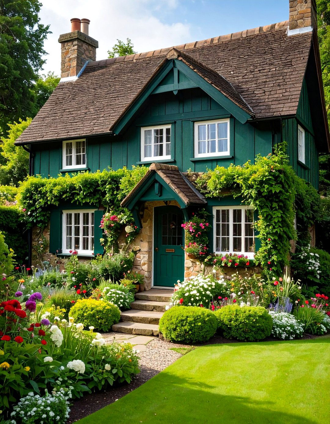 English Cottage Garden Style - 24 Dark Olive Green House Designs