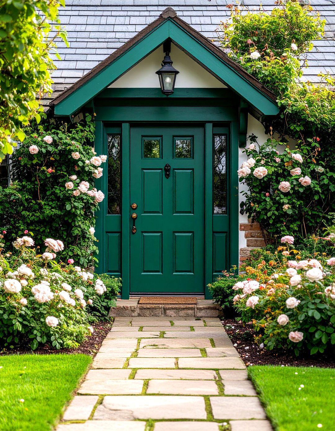 English Cottage with Climbing Roses - 24 Emerald Green Front Door Ideas
