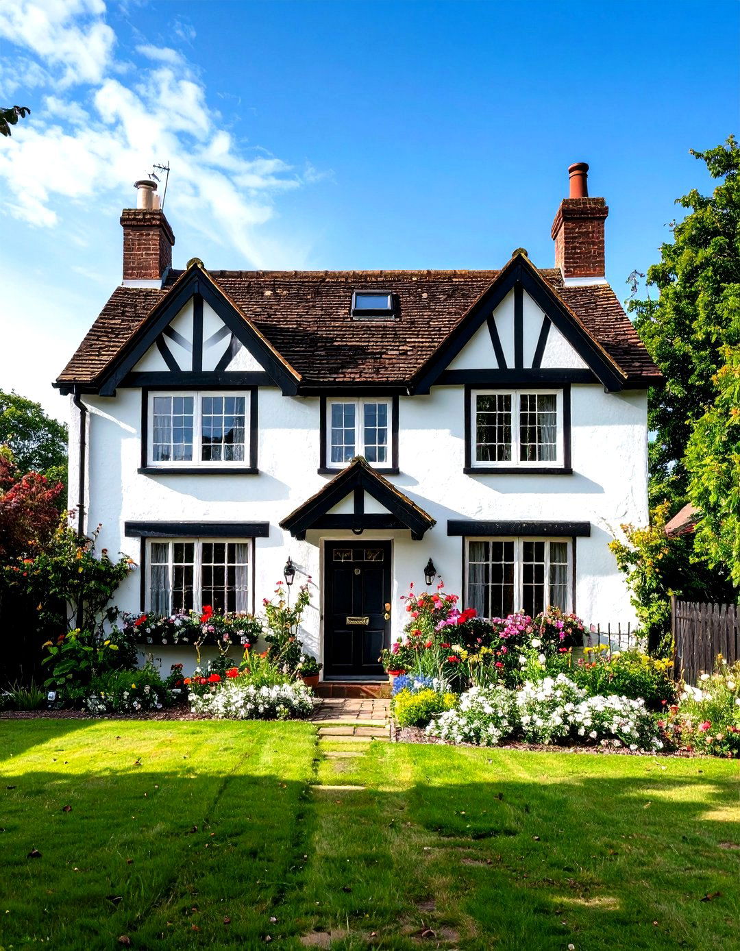English Country Cottage with Black Half Timbering - 24 single story white house black trim