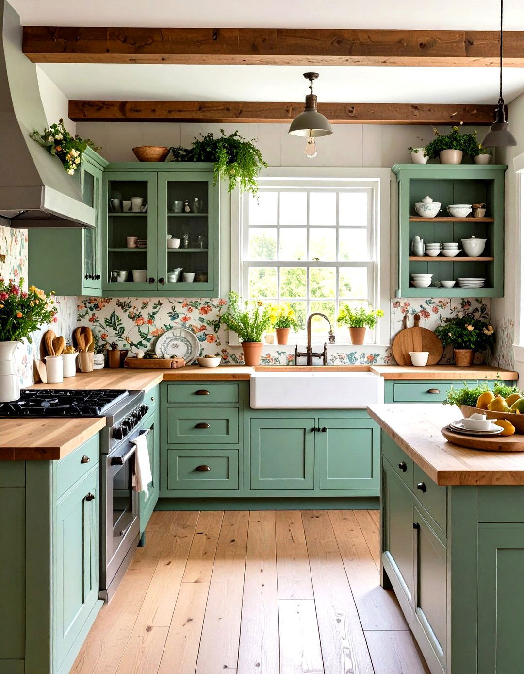 English Country Sage Green Kitchen with Cottage Elements - 24 Sage Green Kitchen Cabinets With Butcher Block Countertops