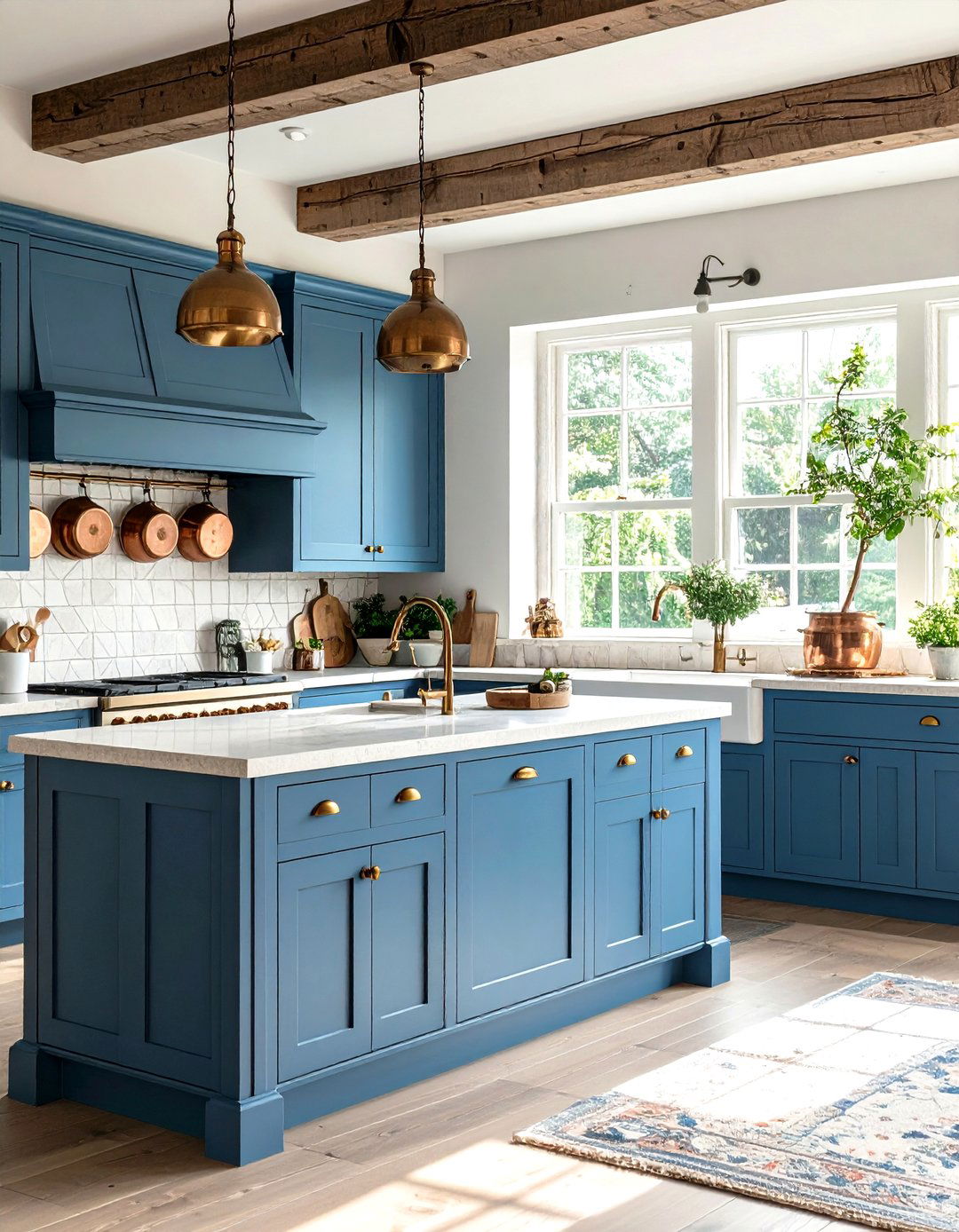 English Country with Cambridge Blue Cabinets - 24 blue kitchen cabinets with gold hardware